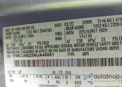 2022 Ford Escape Se Hybrid z USA, uszkodzony, nr VIN 1FMCU9BZ5NUA46081